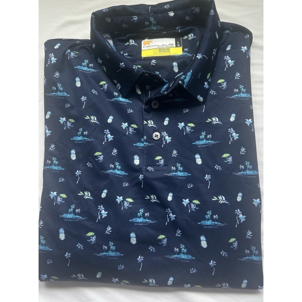 Nicklaus Men's Eco Choice Polo Short Sleeve Shirt Blue Island Pattern 🌴 Size L
